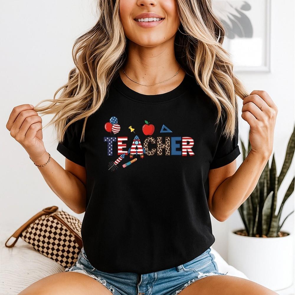 Patriotic Teacher Unisexs Tshirt Usa Crayon Leopard 4th Of July Red White Blue