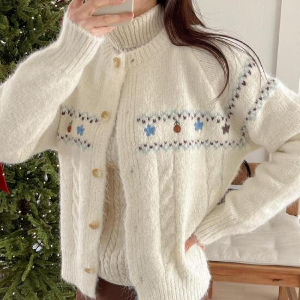 New Arrivals Open Run Women Round Neck Cute Pattern Wool Knit Long Sleeve Cardig