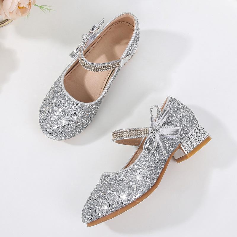 Buty Księżniczki Niskie Obcasy Dziecięce 2024 Nowe Miękkie Kryształowe Buty Dziecięca Moda Niskie Obcasy Śliczne Płytkie Mary Janes na Imprezę Wesele