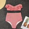 2Pcs/Set Women Bikini Set Ruffle Trim Bandeau Padded Push-Up Bra High Waisted Briefs Set Striped Print Beachwear