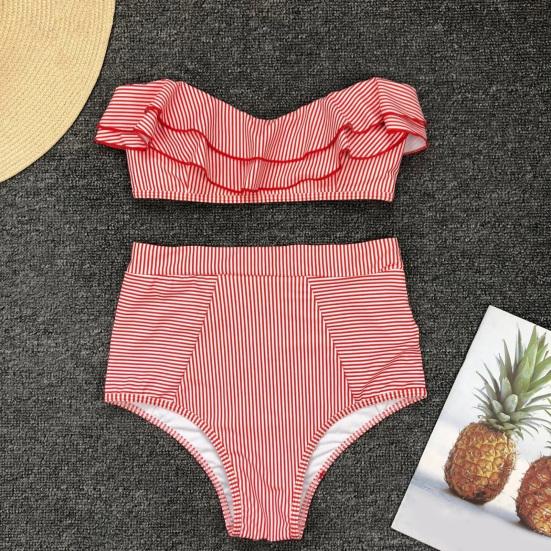 2Pcs/Set Women Bikini Set Ruffle Trim Bandeau Padded Push-Up Bra High Waisted Briefs Set Striped Print Beachwear