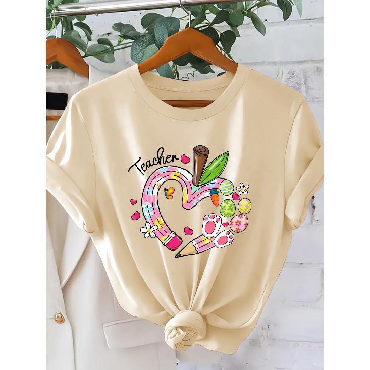 Women's Teacher Heart-shaped pencil short sleeve shirt One-piece Easter outfit T Shirt Teacher's Outfit for Holiday Outings 2026 New Spring and