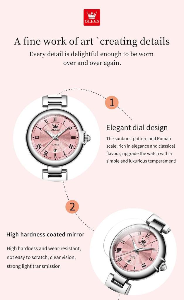 OLEVS Quartz Stainless Pink Women's Watch, Cute, Lightweight, Steel, Waterproof, Luminous, Gift,