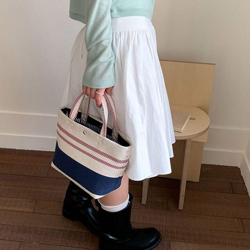Blue White Striped Stripe Canvas Bag Large Capacity Lunch Bag Portable Weave Handbag  Outdoor
