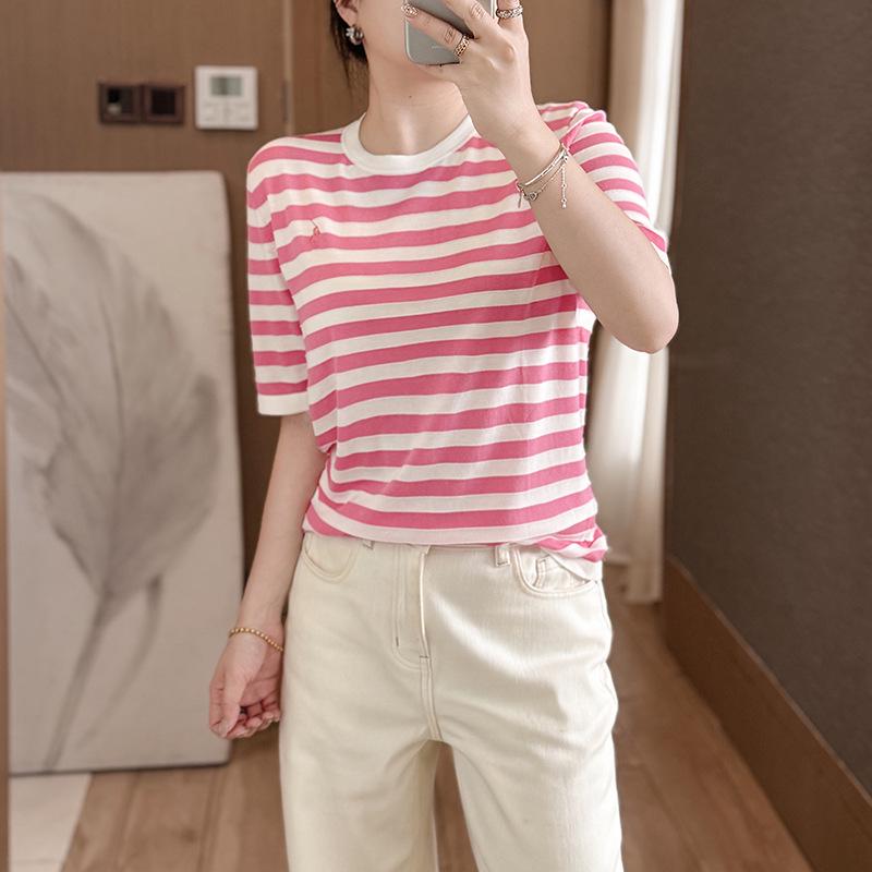 

Элегантный полосатый свитер в рубчик из шелковой пряжи Lanjing Tencel Mulberry, 16 игл