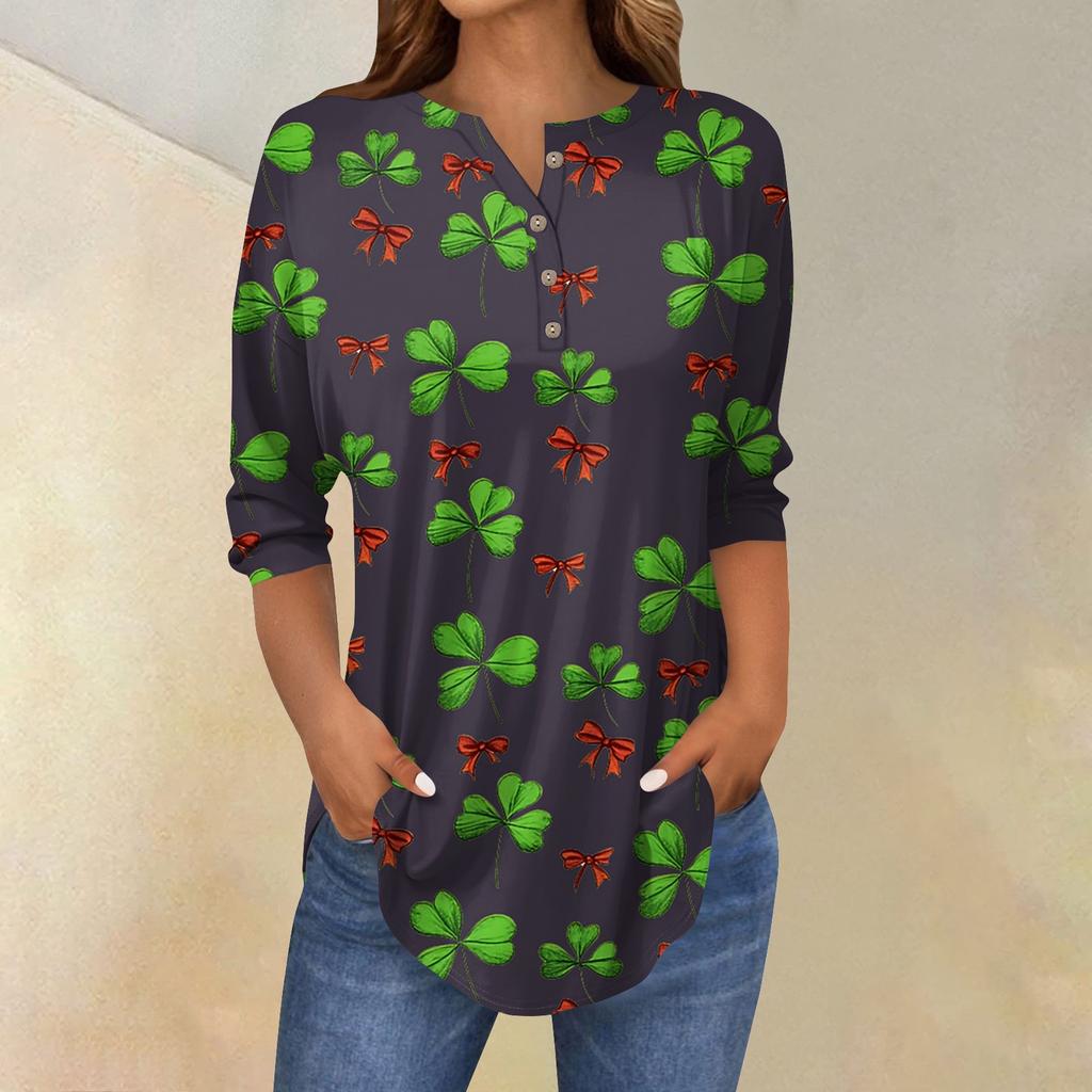 3/4 Ärmel Damen Tops Sommer T-Shirts Print V-Ausschnitt Casual Basic Tee Button Shirts Tunika Tops St. Patrick's Day