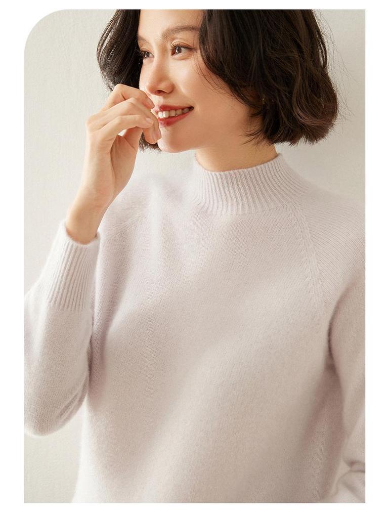 Women's Cashmere Raglan Sleeve Slim Fit Sweater - Half High Neck, Thickened, Solid Color, Versatile Knitted Top.