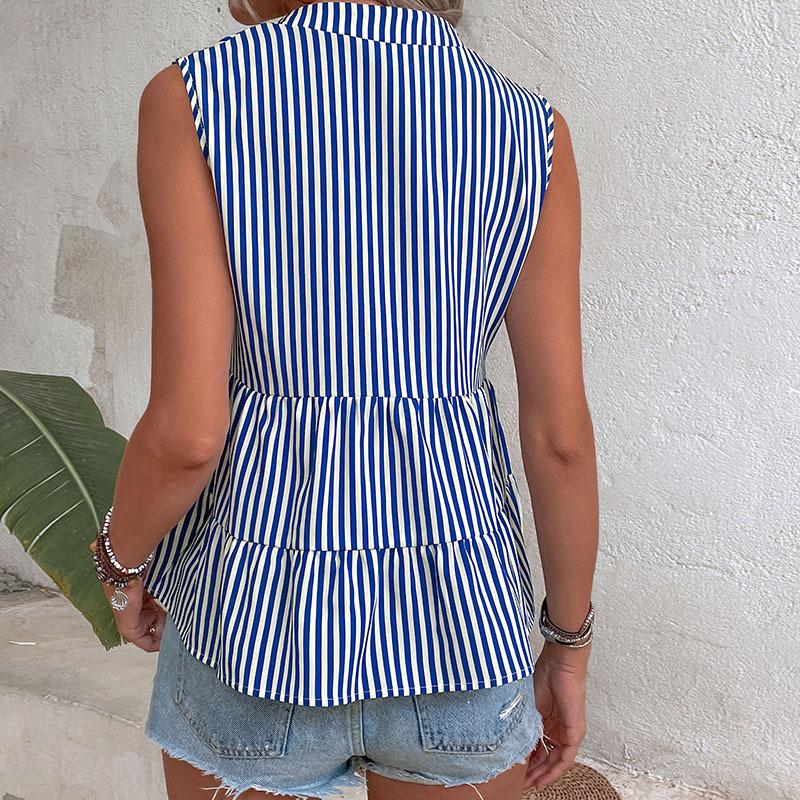 Summer Women's Shirt Sleeveless Tops V-Neck Elegant Temperament Vertical Striped Shirt