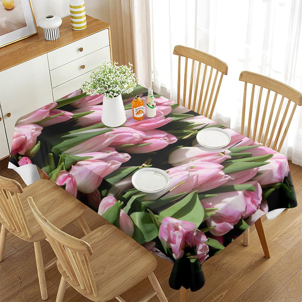 Tulip Tablecloth 3D Pink Flower Plant Pattern Table Cover Rectangle for Kitchen Living Room Dining Room Home Picnic Decoration