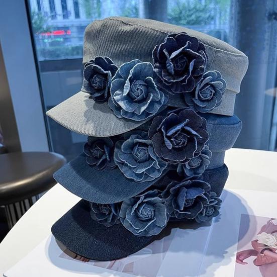 Pălărie de pictor cu bor larg Protecție solară Vizor respirabil Pălărie pentru modelarea feței Decorațiune cu flori 3D Pălărie tip șapcă Newsboy din denim spălat