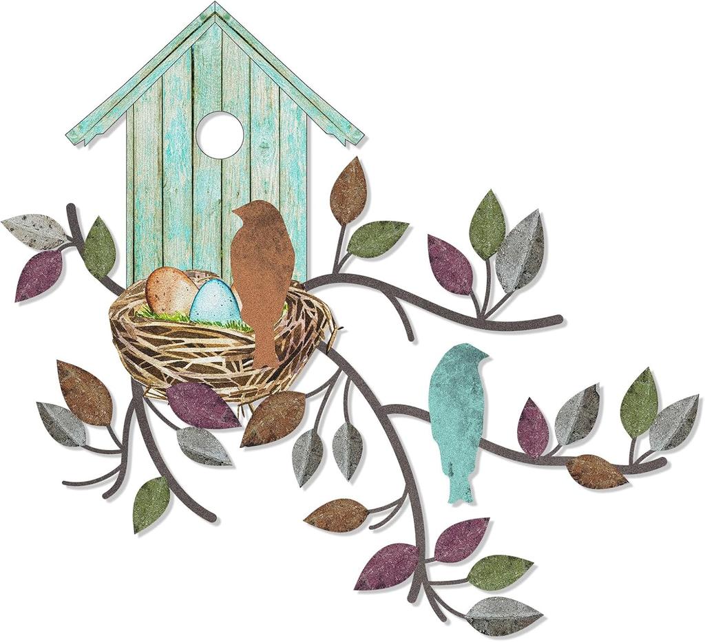 Peryiter Birds Wall Metal Decor Outdoor Art Hanging Metal Tree with Birdhouse for Living Room Tree Leaf Wall Decor for Indoor