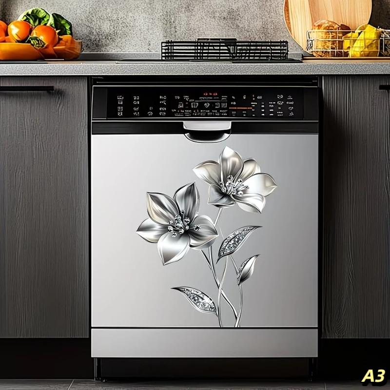 Silvery Floral Decal Kitchen Fridge Dishwasher Sticker Self-Adhesive Removable Wall Decals Home Decor