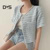 Women Coat Blazer French Style Elegant Short Sleeve Short Type Single Breasted Color Matching Spring Fall Jacket