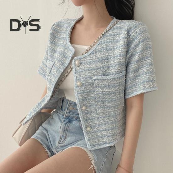 Women Coat Blazer French Style Elegant Short Sleeve Short Type Single Breasted Color Matching Spring Fall Jacket