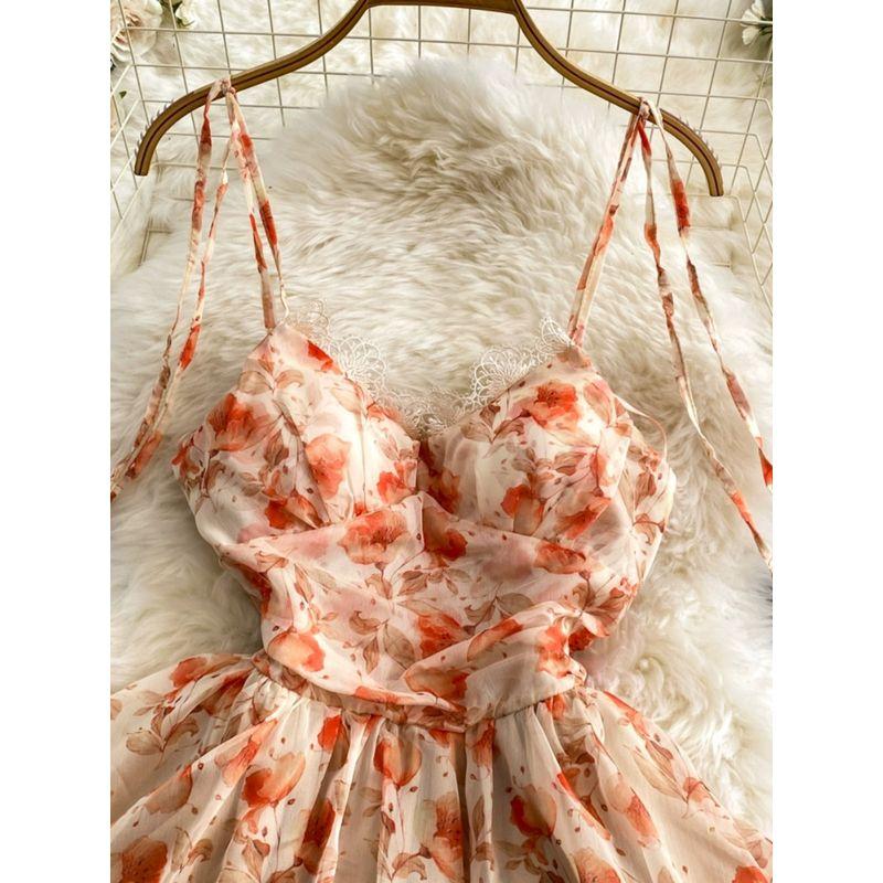 Sweet Chest Pad Orange Sling Dress Lace