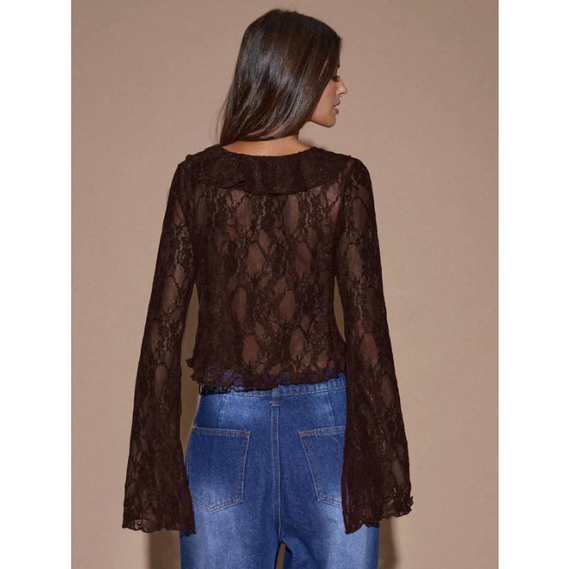 Women S Lace Long Sleeve V Neck Tie Front Split Top