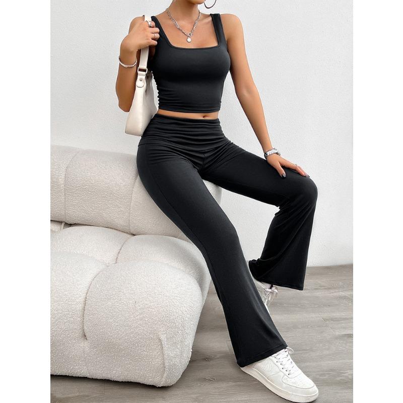 Women's Summer Casual Knitted Solid Color Sleeveless Vest Tight Trousers Set