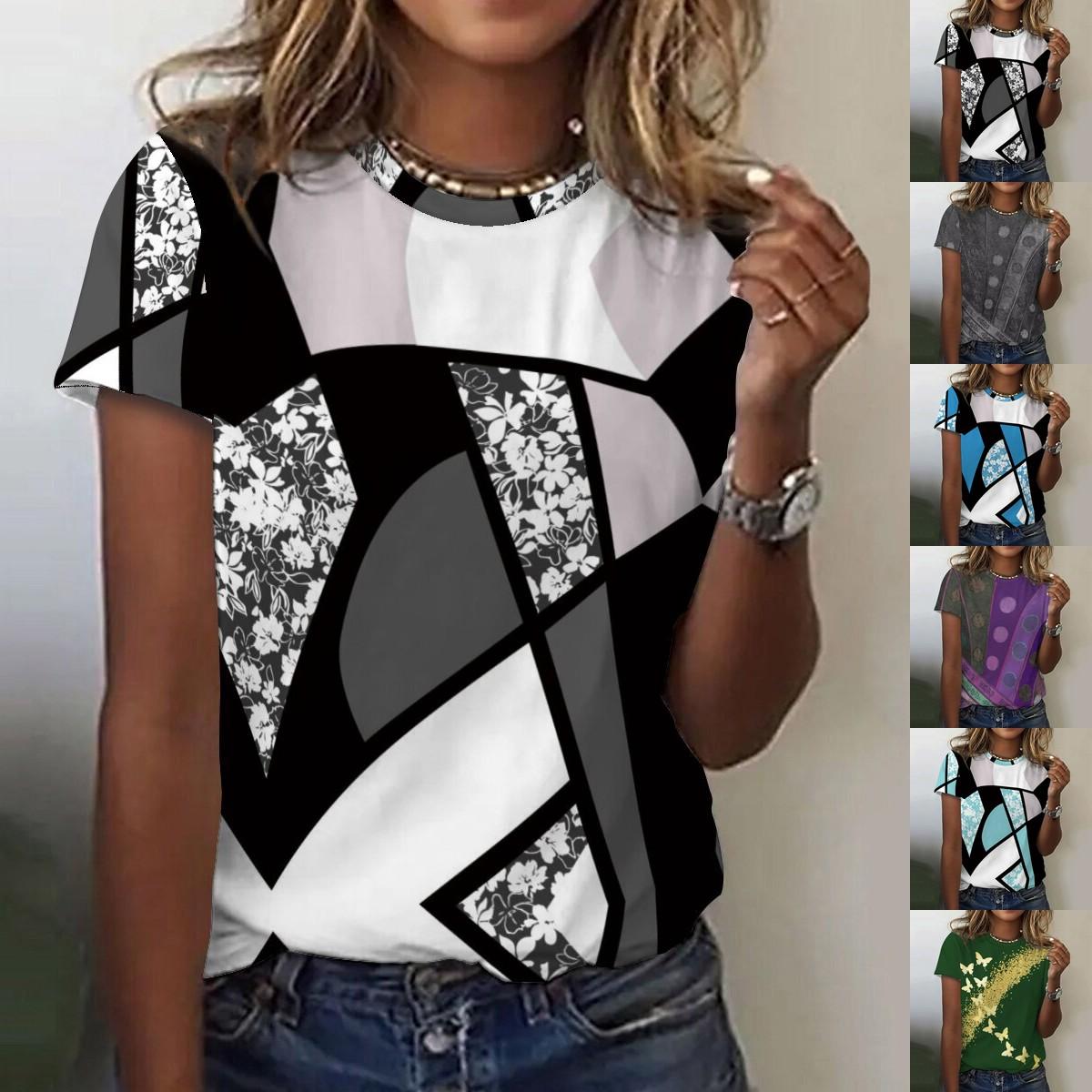 

Летняя новая модная женская повседневная футболка с круглым вырезом и коротким рукавом с принтом размера плюс S-2XL