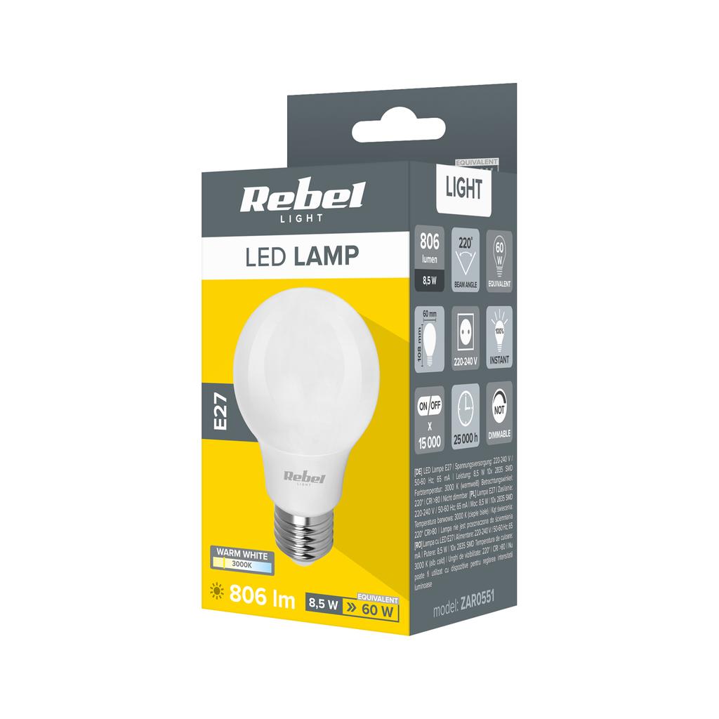 LED Lamp Bulb 8.5W E27 A60 806lm 3000K Rebel