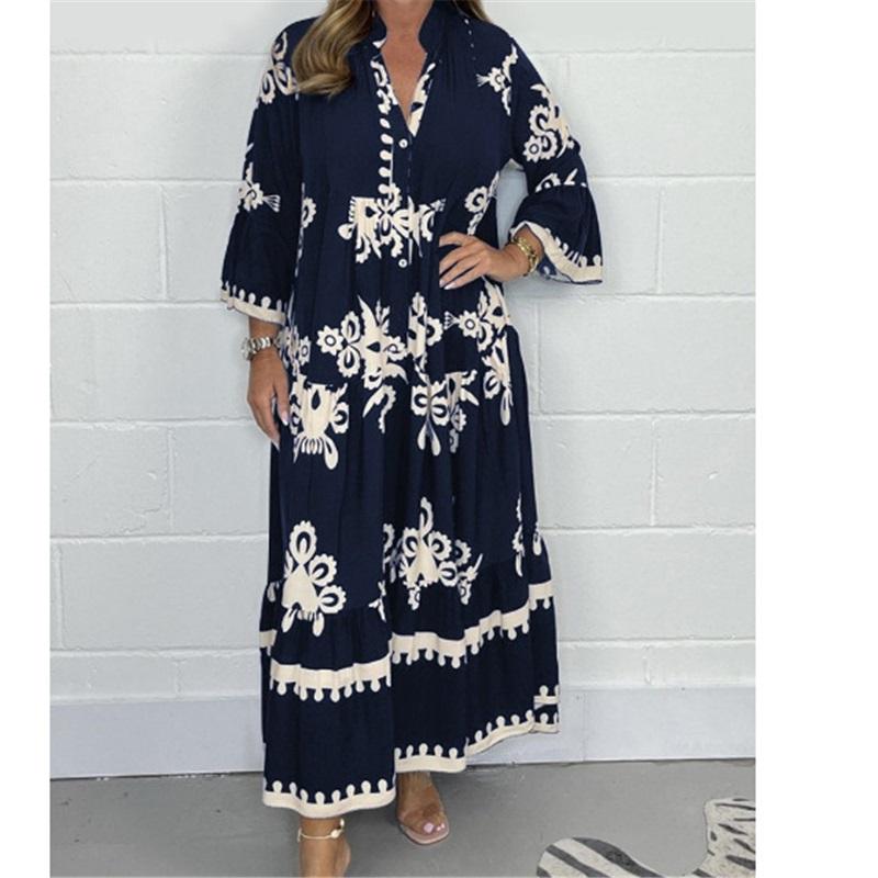European And American Style Ladies Summer Long-sleeved Collar Large Size Loose New Style Elegant Printed Stand-up Collar Waist Dress