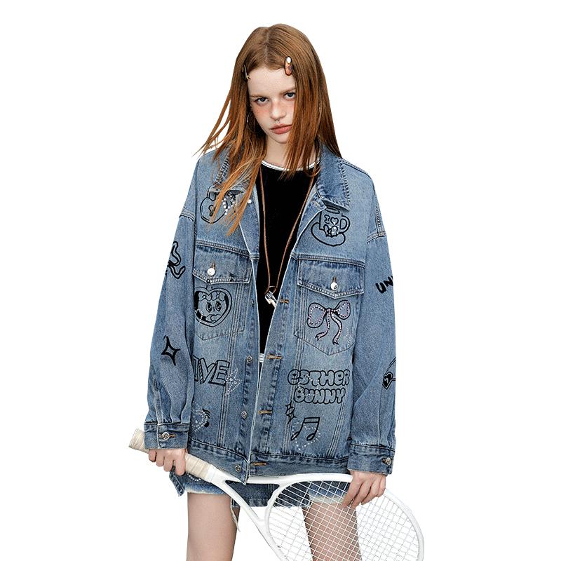 

UNIFREE Eisler Co-branded Retro Graffiti Rhinestone Denim Jacket L