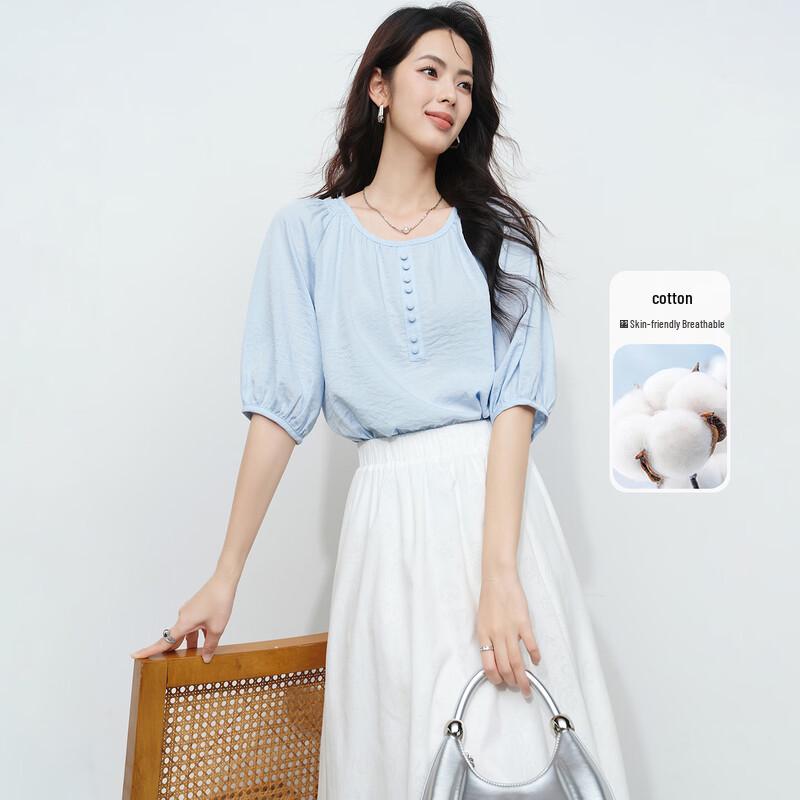 Women s French Style Ice Silk Cotton Blue Blouse M