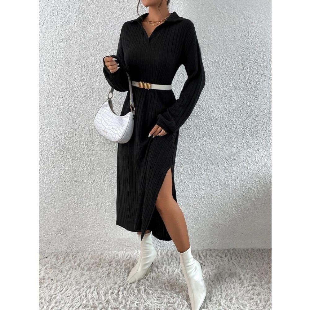 Rochie de damă cu mânecă lungă, culoare solidă, cu umeri și crăpături, toamnă și iarnă