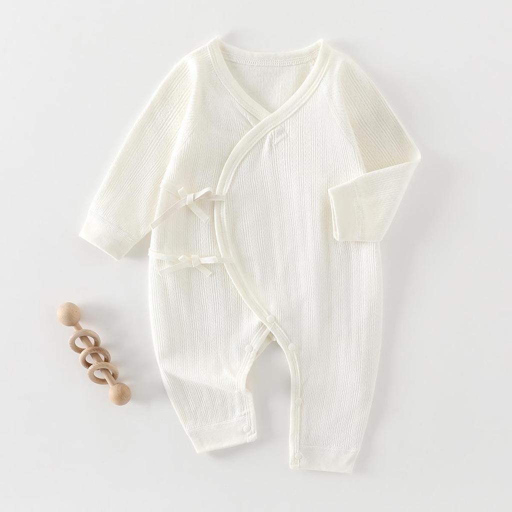 Pure Cotton Long-Sleeve Butterfly Bodysuit for Infants and Toddlers - Belly Protection, Lace-Up Design, One-Piece Home Wear, Spring
