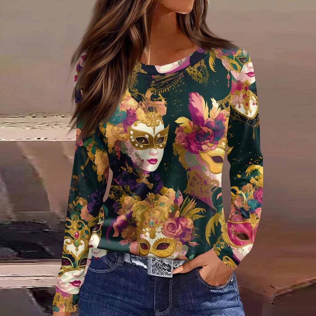 Women's Fashionable Casual Neck Long Sleeve Hem Split Carnival Print T-Shirt Top