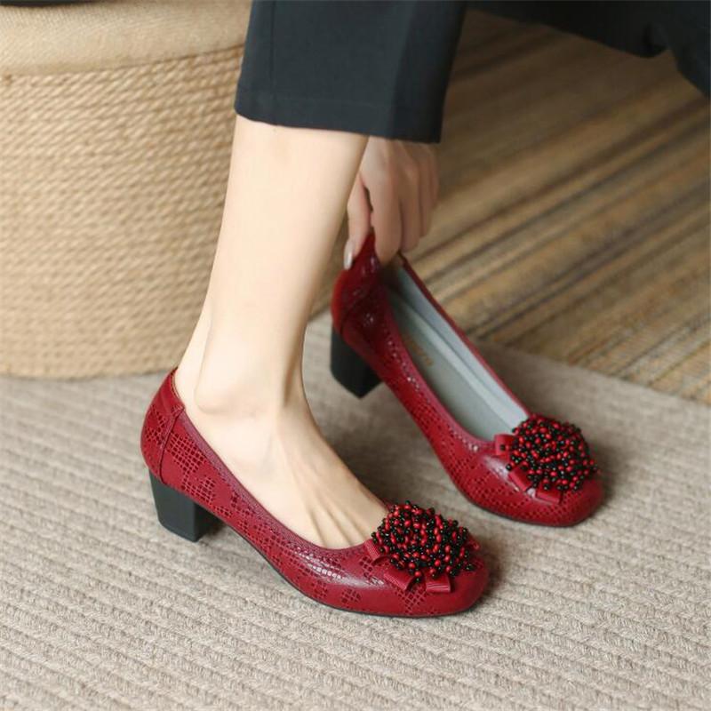 Fashion Women's Shoes Spring New Thick Heel Cowhide Shallow Mouth Single Shoes Printed Beaded Wedding Party Fashion Women Pumps