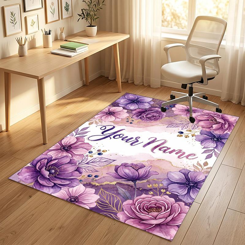 Floral Theme Soft Crystal Velvet Rug Custom Name & Text Print Non Slip Floor Rug for Bedroom Living Room