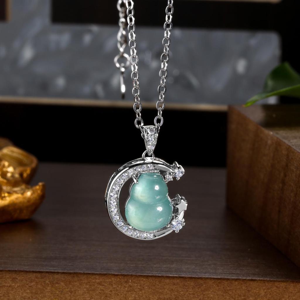 Burmese Blue Water Jade Gourd Pendant Necklace with S925 Silver - Chinese Style for Women