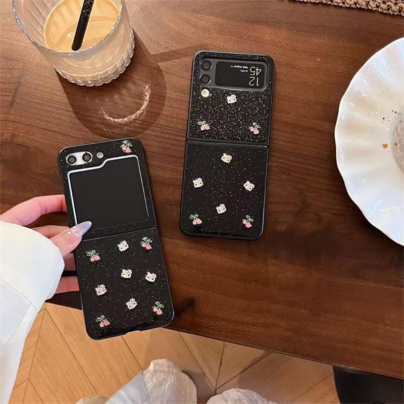 

For Samsung Folding Zflip7 Flip Phone Case Zfold6 Rhinestone Kt Cherry W24 Black Fashion Women samsung z flip3