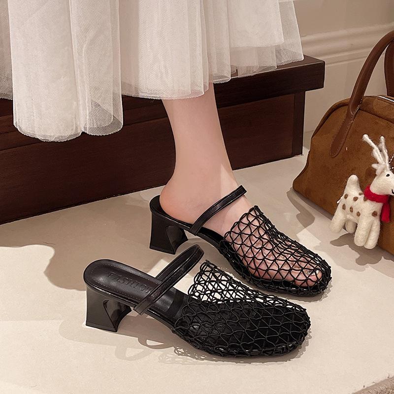 2025 summer fashion casual women's breathable black woven hollow square head French women's shoes niche wedge slippers