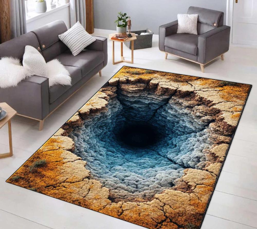 Stone Vortex Hole 3D Optical Illusion Graphics Carpet Living Room Coffee Table Area Sunroom Non Slip Floor Mat Gift