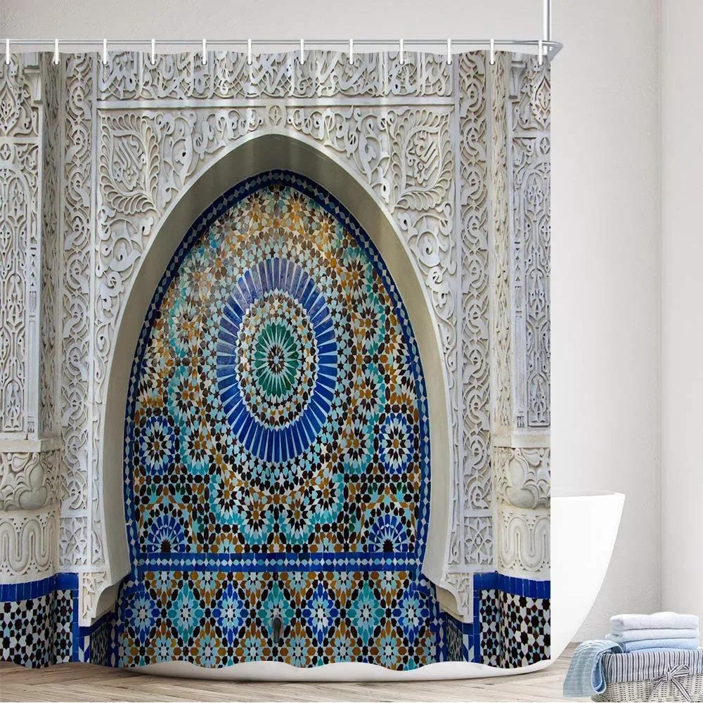 Moroccan Style Shower Curtains with Hooks, Vintage Architectural Plants, Polyester Fabric, Interior Decoration