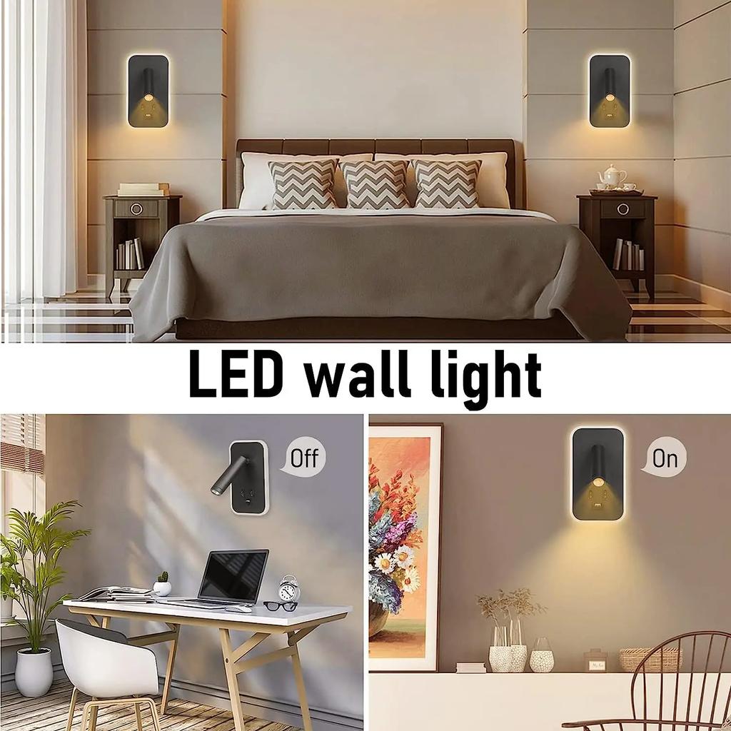 Bedside Wall Lamp LED Wall Light Wall Mounted Reading Light with Switch and USB Port Rotatable Wall Sconce Wall Spotlight Decor
