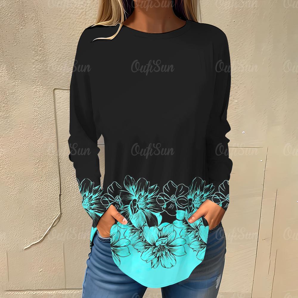 

Осенняя повседневная свободная женская одежда, модная цветочная печать, двухцветная вязка, женские футболки с длинными рукавами, уличный тренд, пуловер 8XL