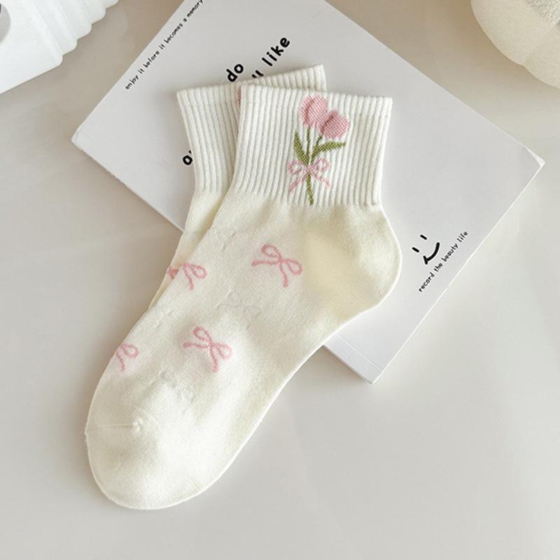 Women's Autumn/Winter Short Socks - Cute Japanese Style with Pink Flowers, Polka Dots & Bow, White Versatile Design