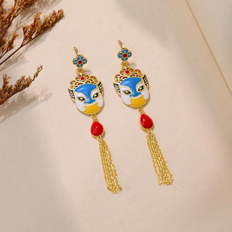 National Essence Peking Opera Face Mask Enamel Tassel 925 Sterling Silver Stud Earrings Gold Plating