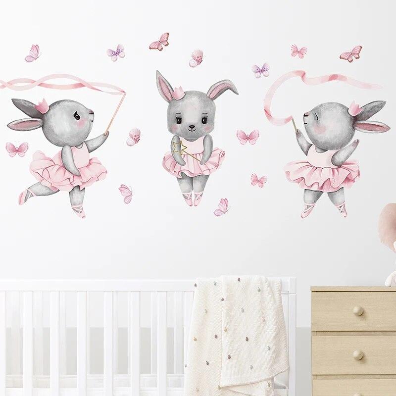 Cartoon Three Gray Rabbits Dancing Ballet Butterfly Wall Stickers for Kids Room Bedroom Nursery Home Decoration Wall Decal