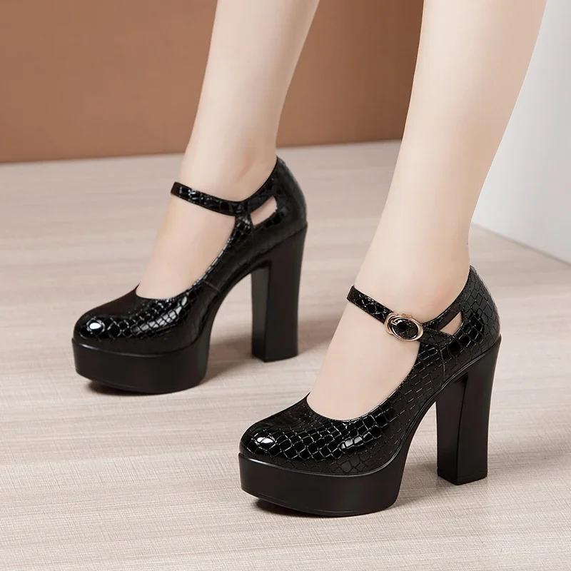 Small Size 32-43 Black Genuine Leather Shoes Shallow Platform Pumps Women 2025 Block High Heels Mary Jannes for Office Model Mom