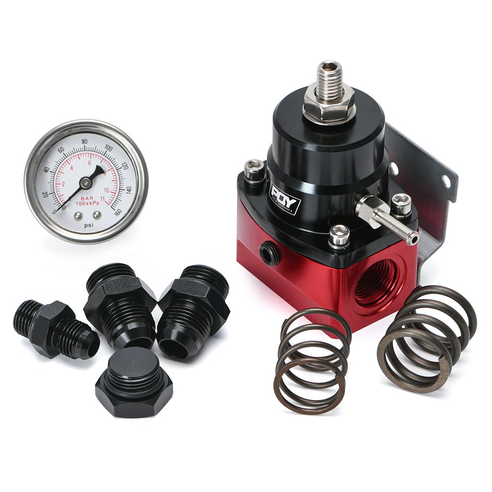 Regulador de Pressão de Combustível Universal de Alumínio AN8 Alimentação & AN6 Retorno com Manômetro 0-160PSI Conjunto de Molas de Pressão 3-20 20-45 45-70
