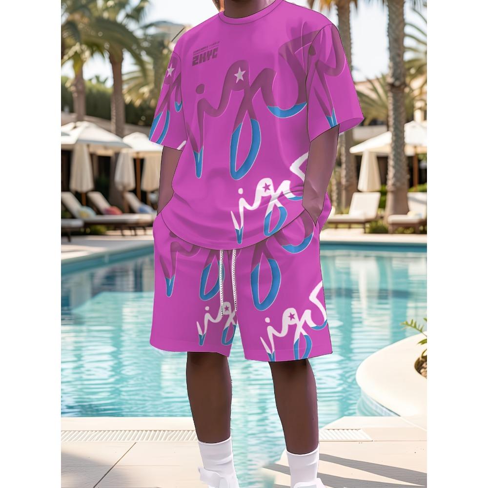 2026 Summer American Men's T-shirt Set for Outdoor Sports Fashion Casual Soft Breathable with 3D Graffiti Pattern Print