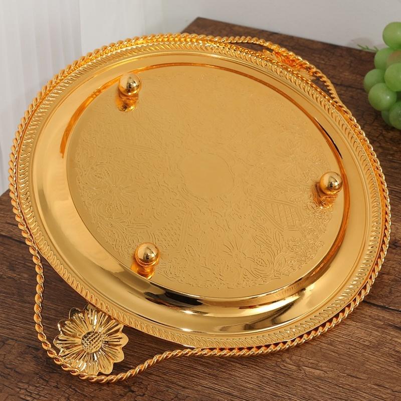 European Fruit Plate,Alloy Pearl Point Circle Shape Plate,Portable Golden Snack Disc,Candy Plate Home Wedding Decoration,26 cm