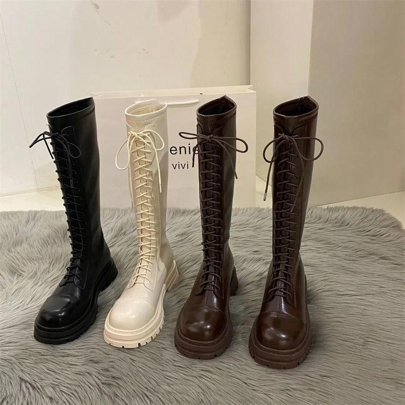 White long boots women's shoes 2025 new autumn and winter velvet khaki medium tube small knight boots