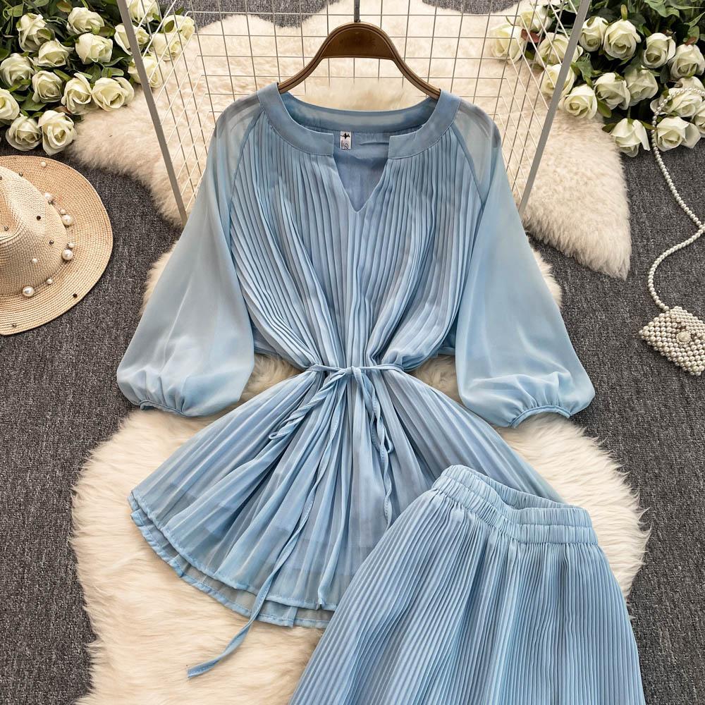 Spring Summer Women Pleated Two Piece Set Elegant V-Neck Draped Chiffon Blouse + High Waist Wide Leg Pants 2Pcs Suit Female New