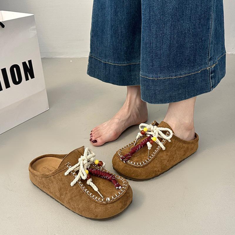 Fashion 2025 Autumn New Retro Flat Slippers Women's Round Toe Deep Mouth Platform Suede Front Lace-up Soft Slip Slides Women Slippers