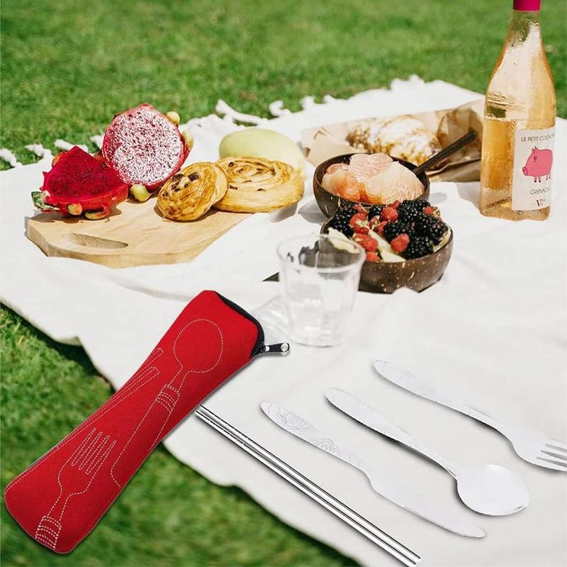 Stainless Steel Tableware Bag, Portable Tableware with Travel Bottle Opener, Five-piece Set, Combined Storage Bag, Diving Material Set