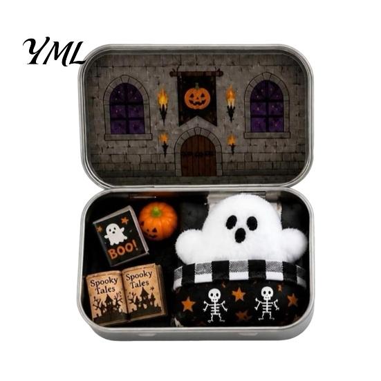Halloween Decor Mini Ghost Tin Box Set, Little Pocket Cute In A Box, Tiered Tray Display Accessory Miniature Scene Spooky Desktop Decor, Gifts